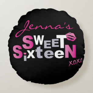 LOVE & KISSES HOT PINK Sweet Sixteen Uitnodiging Rond Kussen