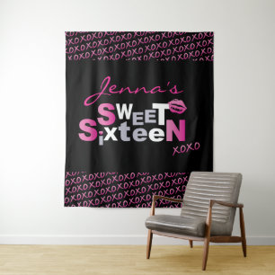 LOVE & KISSES PINK Sweet Sixteen foto-op achtergro Wandkleed