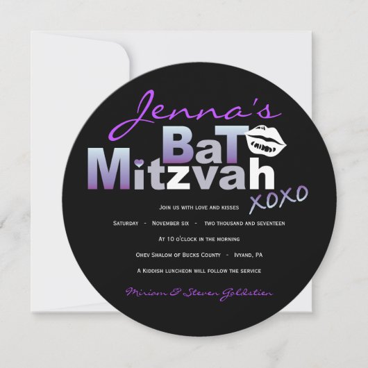 LOVE & KISSES Purple Bat mitzvah Invitation (Devant)