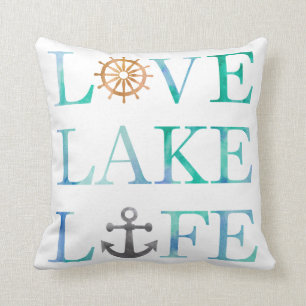 Love Lake Life Waterverf Typography Nautical Kussen