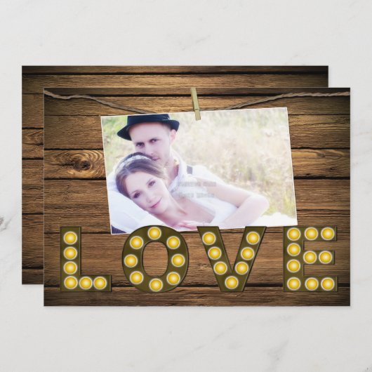 LOVE Lighting Letters Photo Rustic Invitation Kaart (Voorkant / Achterkant)
