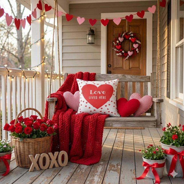 Love Lives here Valentijnsdag Buitenkussen (Love Valentine's Day porch pillow.)