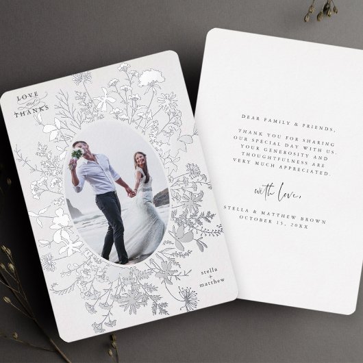 Love & Merci Floral Silver Foil Carte de remerciem