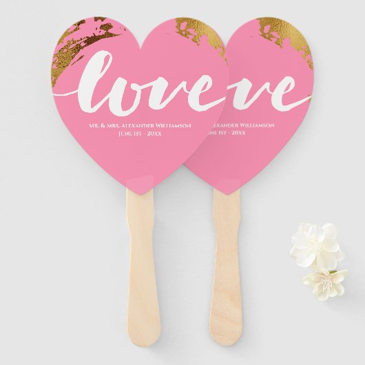 Love Modern Gold Foil roze Typography Wedding Handwaaier (Voorkant en achterkant)