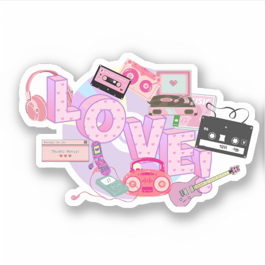 LOVE & MUSIC Y2K Retro Sticker – Pink Pop Vibes (Devant)