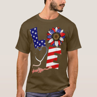 Love Neurse Life 4th of Juli American Flag Sunflow T-shirt