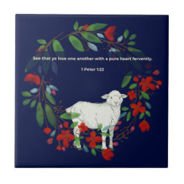 Love One Another | Lamb & Floral Ceramic Tile Tegeltje