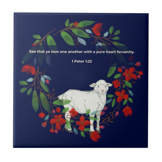 Love One Another | Lamb & Floral Ceramic Tile Tegeltje (Voorkant)