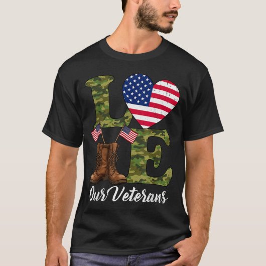 Love Our Veterans Usa Flag Heart Patriotic Army Mi T-shirt (Voorkant)