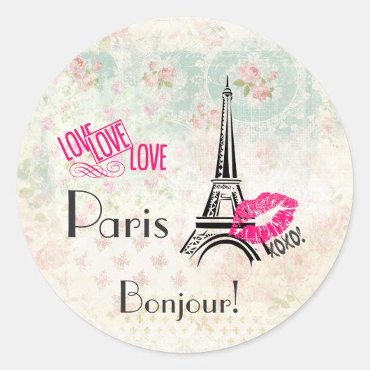 Love Paris with Eiffel Tower on  Pattern Ronde Sticker (Voorkant)