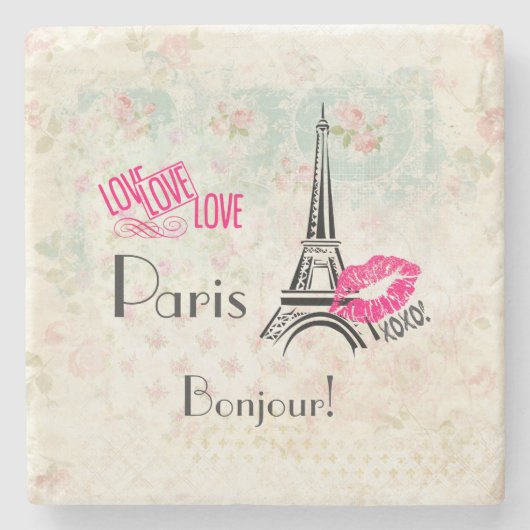 Love Paris with Eiffel Tower on  Pattern Stenen Onderzetter (Voorkant)