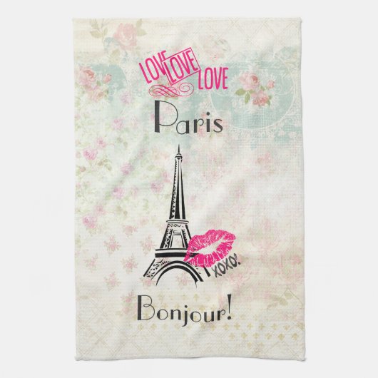 Love Paris with Eiffel Tower on  Pattern Theedoek (Verticaal)