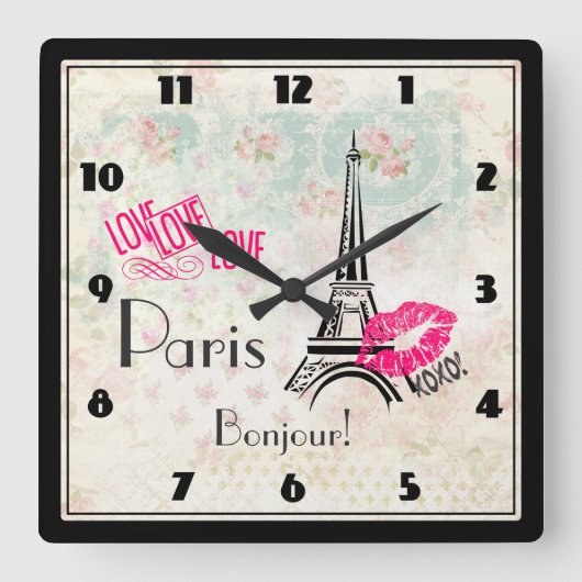 Love Paris with Eiffel Tower on  Pattern Vierkante Klok (Voorkant)