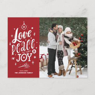 Love Peace and Joy Lettering Red Photo Kerstmis Feestdagenkaart