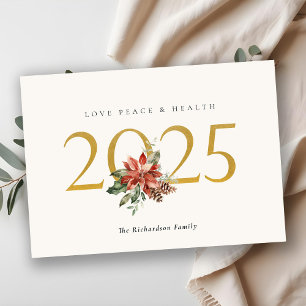Love Peace Health Poinsettia Bunch Folie Gold 2023 Feestdagenkaart