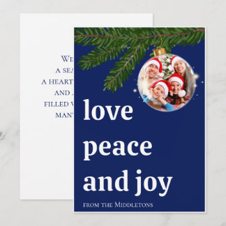 Love Peace Joy Christmas Family Photo Navy Blue Feestdagenkaart