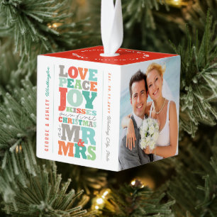 Love Peace Joy Kisses Mr & Mrs 1st-kerstfoto Kubus Ornament