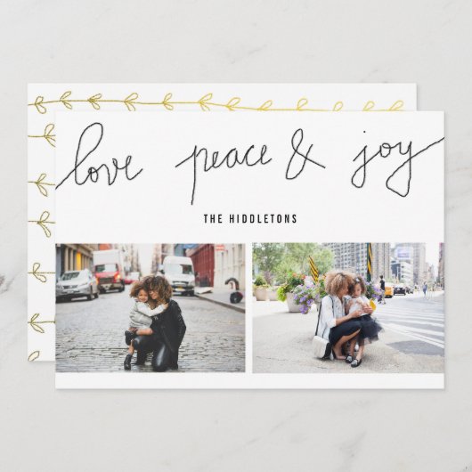 Love Peace Joy Modern Holiday Script Two Photo Feestdagenkaart (Voorkant / Achterkant)