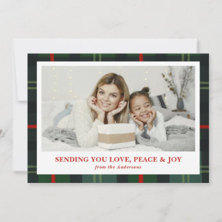 "Love, Peace & Joy" Plaid Holiday Photo Card Feestdagenkaart
