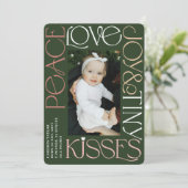 Love Peace Joy Tiny Kisses Baby's 1e Kerstmis Feestdagenkaart (Staand voorkant)
