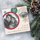 Love peace snowflakes red green photo holiday bedankjes labels