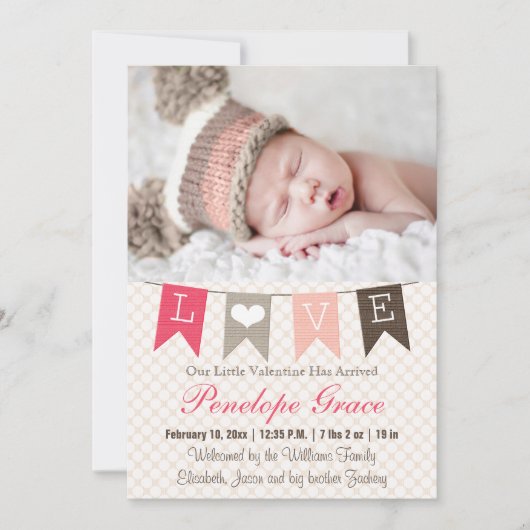 Love Pennant Valentijn Birth Announcement Feestdagenkaart (Voorkant)