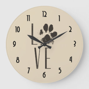Love Pet Paw Print Brown Grunge Typografie Grote Klok
