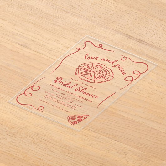 Love & Pizza Italiaans Hand getekend rood Vrijgeze Acryl Uitnodigingen (Laagn)