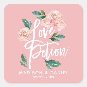 Love Potion Blush Pink Floral Personalized Vierkante Sticker