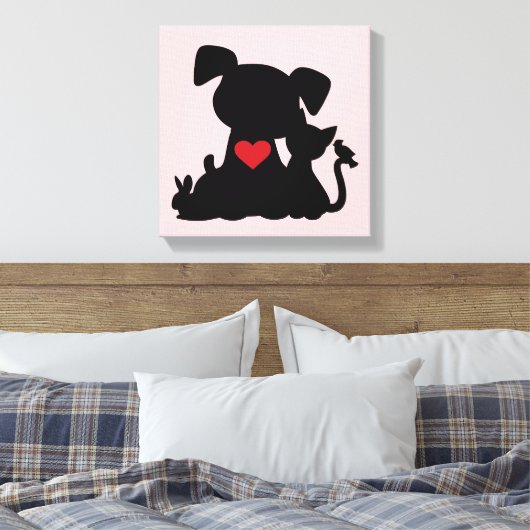 Love Puppy and Kitten Silhouette Pink Canvas Afdruk (Insitu (Slaapkamer))