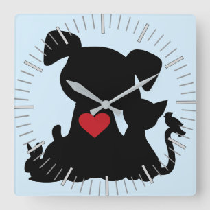 Love Puppy and Kitten Silhouette Vierkante Klok