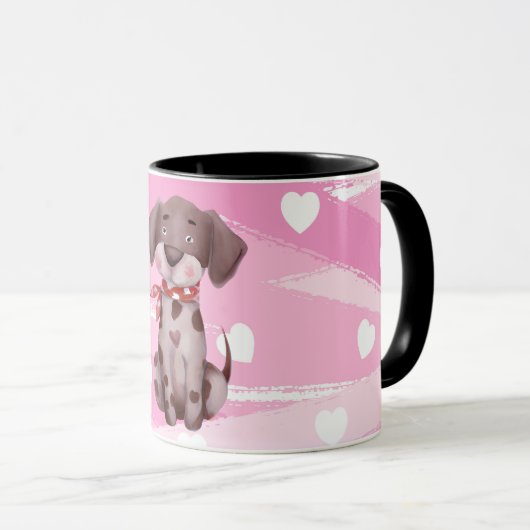 "LOVE PUPPY" MET PINK EN WITTE HARTEN MOK (Voorkant rechts)