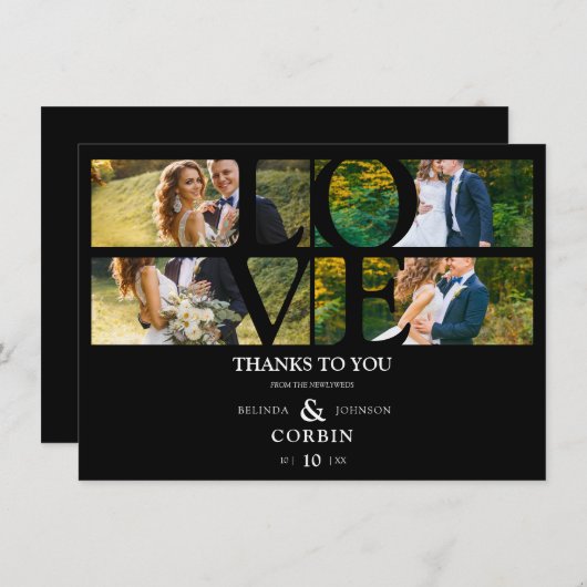 Love Quote Black Trendy Collage Wedding 4 Photos Bedankkaart (Voorkant / Achterkant)