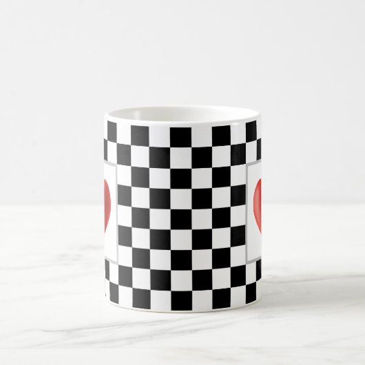 Love Red Heart on Black & White Chess Magic Mug (Centre)