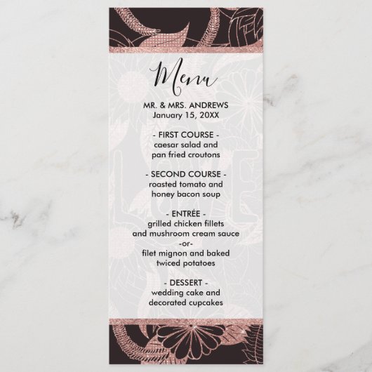 Love Roos Gold Glitter Girly Flowers Pattern Menu (Voorkant)