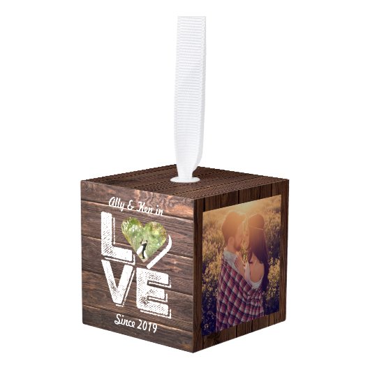 Love Rustic Woodland Photo Heart Lijst Monogram Ornament (Voorkant hoekig)