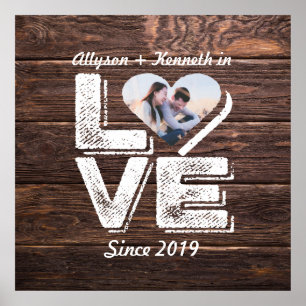 Love Rustic Woodland Photo Heart Lijst Monogram Poster