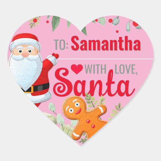 "Love, Santa" Gingerbread Custom Christmas Pink Hart Sticker (Voorkant)