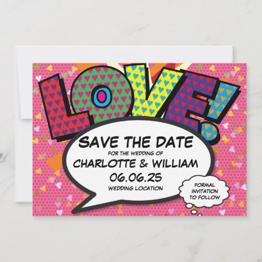 LOVE Save the Date Fun Retro Comic Book Pop Art (Devant)