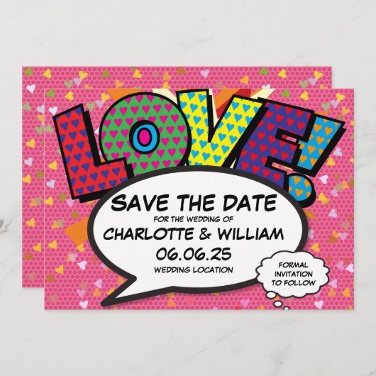LOVE Save the Date Fun Retro Comic Book Pop Art (Devant / Derrière)