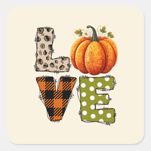 LOVE – Schattigee Pumpkin & Polka Dot Letters Vierkante Sticker (Voorkant)