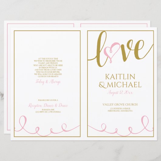 Love Script Heart Wedding Programs Pink & Gold (Voorkant / Achterkant)