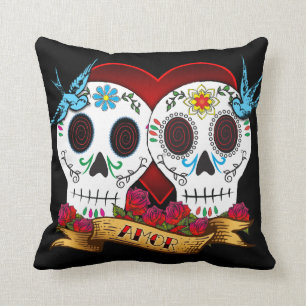 Love Skulls and Bluebird Pillow Kussen