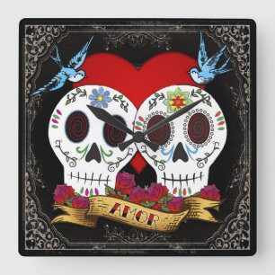 Love Skulls Square Wall Clock Vierkante Klok