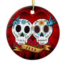 Love Skulls with Bluebird Ornament