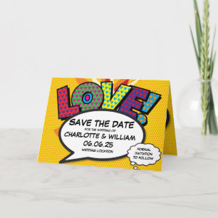 LOVE Sla de datum op Leuk Retro stripboek Pop Art Aankondiging