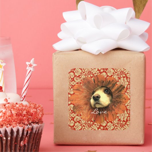 Love Sticker - Leuke Puppy gluren uit een Flower (Feest)