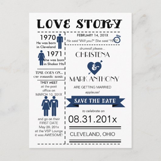 Love Story Enregistrer La Date Carte Postale (Navy (Devant)