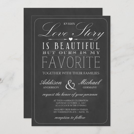 Love Story Typography |  Chalkboard Weddenschap Kaart (Voorkant / Achterkant)