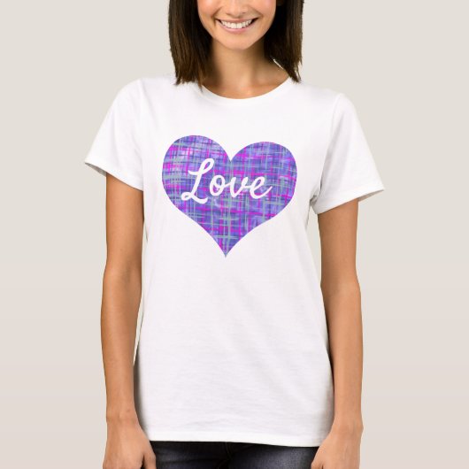 Love Text Heart Shape Pink & Paars Grid T-shirt (Voorkant)